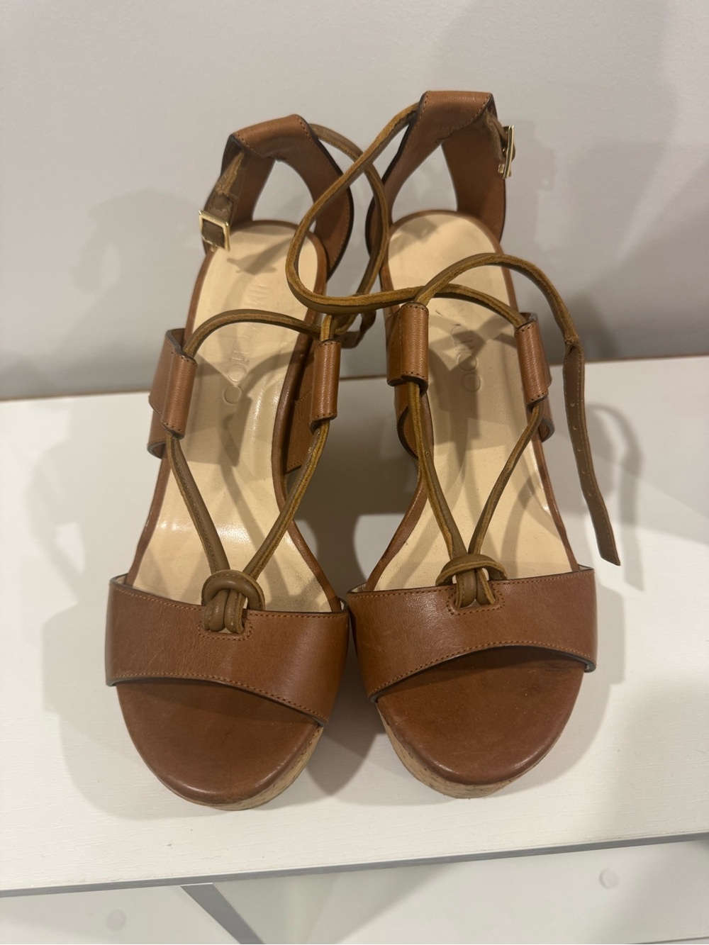 Jimmy Choo Tan Brown Leather Knot Strap Heels